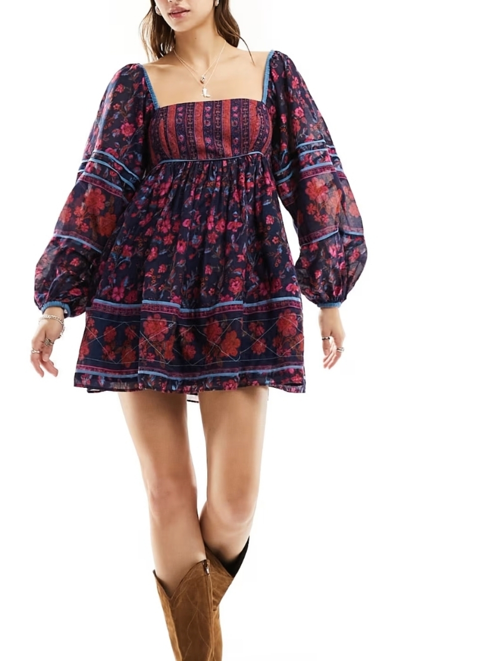 NWOT Free People Navy Floral Square-Neck Mini Dress with Balloon Sleeves